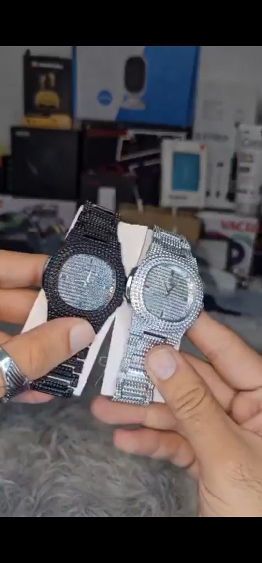 Premium Crystal Wrist Watch – Black & Silver Strap